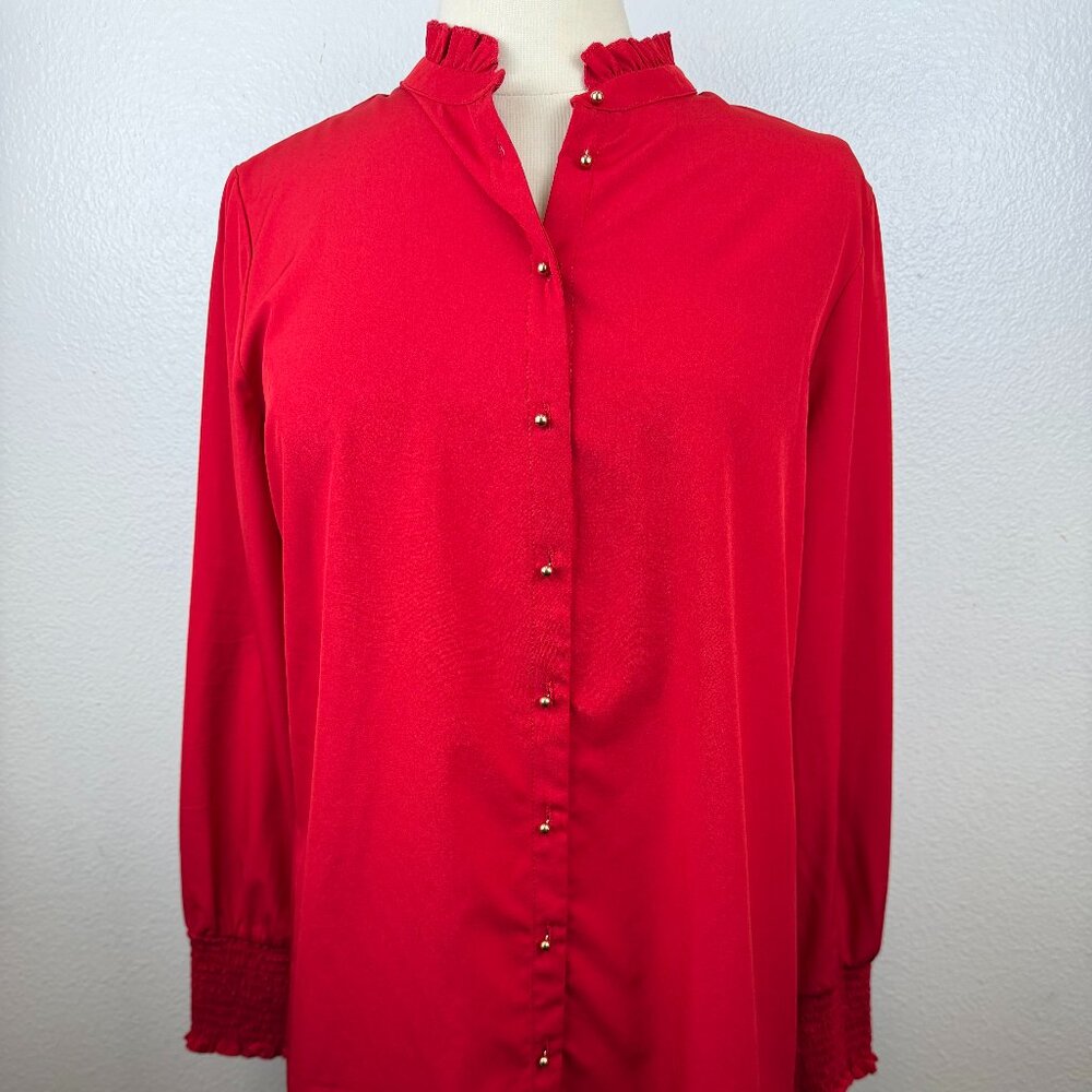 SOFT SURROUNDINGS Vivian Solid Red Ruffle Collar Long Sleeve Shirt Top Sz M